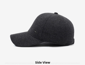 Side profile view of dark grey textured wool-like winter baseball cap for men outdoor