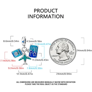 Detailed dimensions of silver travel charm with passport, airplane, and coin reference