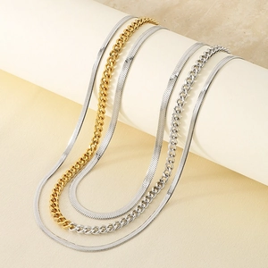 Three-layer stainless steel necklace set with 18K gold Cuban link and snake bone chains