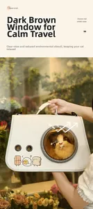 Close-up of portable cat bag featuring a brown anti-stress window and cartoon patterns