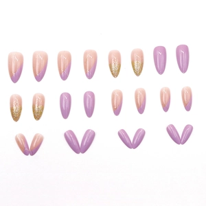 Almond shaped lavender and gold glitter gradient press-on nails set with 24 pieces