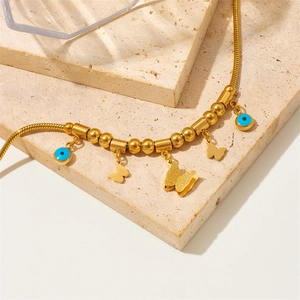 Golden titanium steel bracelet with butterfly charms and blue evil eye beads for women