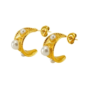 Boucles d'oreilles C vintage françaises en or 18k avec perles et fini martelé