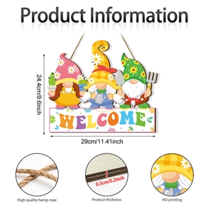 Spring garden gnome welcome sign in wood with floral patterns and hanging rope