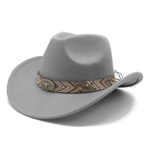 Gray felt western cowboy hat with ethnic patterned band and metallic bull head emblem