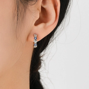 S925 sterling silver heart and blue evil eye hoop earrings with sparkling zirconia