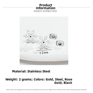 Detail of 12mm stainless steel snowflake earrings with butterfly back in four colors