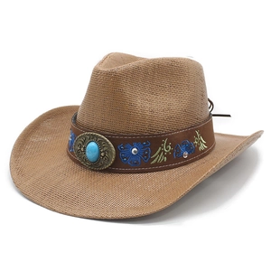 Western Cowboy Straw Hat With Embroidered Flower Band Turquoise Stone Wide Brim Sun Protection Vintage Ethnic Style For Men Women