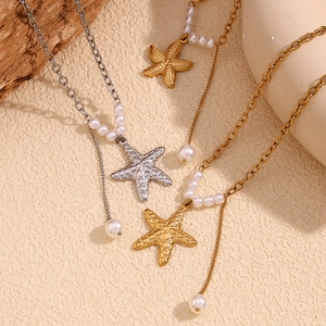 Fashion 18K gold plated stainless steel starfish pendant necklace with pearl tassels