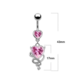 Dimensiones detalladas del piercing ombligo corazón rosa con cola de diablo, 43mm