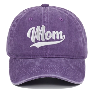 Close-up of white Mom embroidery on purple washed cotton distressed baseball cap