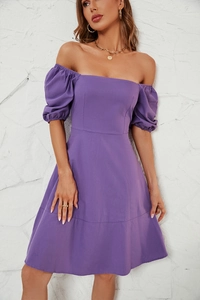Detailed view of puff sleeves and square neckline on this purple summer dress