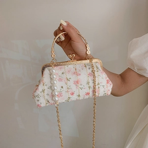 Floral embroidery shell bag with gold handle, pearls and chain strap for women