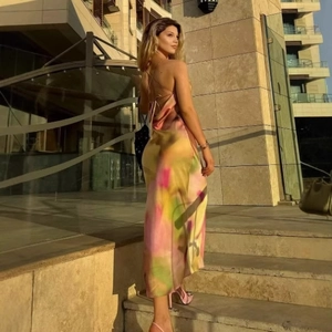 Sexy backless satin maxi dress with vibrant tie-dye print and cross straps for summer