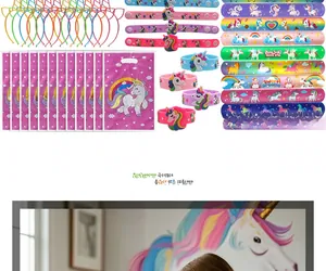 Unicorn party gift set with headband, silicone bracelets, and colorful snap bands for kids