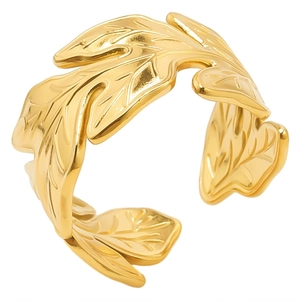 Minimalist gold leaf-shaped 304 stainless steel open ring with polished metal finish