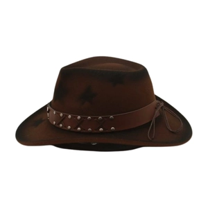 Detail of western cowboy hat with brown leather band and metallic rivets on wool felt