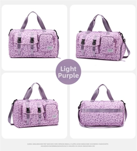 Multiple views of a light purple leopard print sports travel bag with adjustable strap