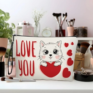 Cat Heart Print Makeup Bag Fine Linen Cosmetic Pouch Zipper Travel Toiletry Organizer Handbag Wrist Strap Cute Animal