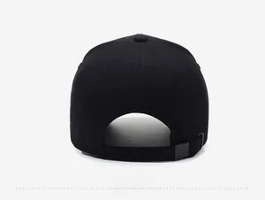 Rear view of a black cotton baseball cap with an adjustable metal buckle and subtle logo