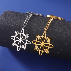 Detail of stainless steel witch knot keychains in gold and silver on textured display