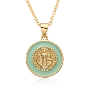 Religious golden Virgin Mary pendant necklace with light green enamel finish for women