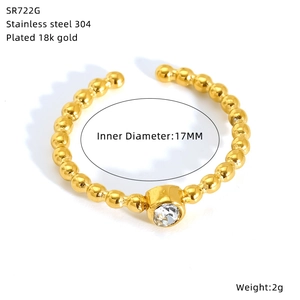 Detail view of 18K gold plated stainless steel bead ring with a single zircon inlay