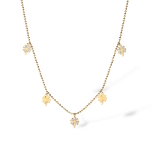 Gold-plated stainless steel bead chain necklace with polished and zircon clover pendants