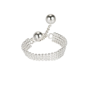 Adjustable S925 sterling silver four-layer bead ring with dangling polished metal balls