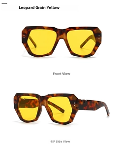 Macro detail of retro leopard print sunglasses with yellow lenses and metallic rivets