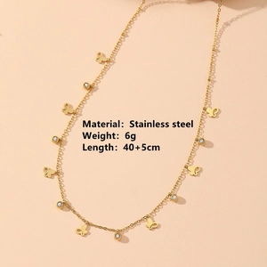 Gold stainless steel necklace featuring butterfly charms and round crystals, 40+5cm length