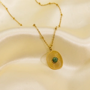 14K gold plated stainless steel sunburst oval necklace with green natural gemstone