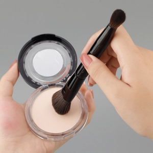 Dual-ended makeup brush set with fine powder compact and built-in vanity mirror