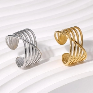 Minimalist stainless steel open rings with multilayer crossed lines in gold and silver