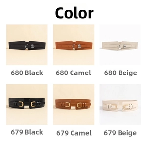Detail view of stylish wide elastic waist belts in black, camel, and beige with metal buckles