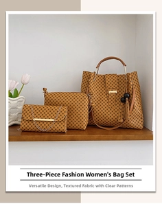 Detailed view of the three-piece fashion handbag set in brown micro-plaid fabric