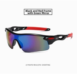 Detail of green mirror lens and black-red half-frame on these athletic sports sunglasses
