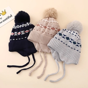 Kids Winter Knitted Earflap Hat Fleece Lined Pom Pom Jacquard Warm Outdoor Beanie For Boys Girls Acrylic