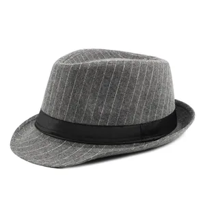 Classic British grey striped wool fedora hat with black grosgrain ribbon for men