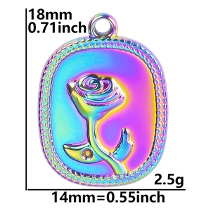 Rainbow stainless steel rose pendant detail showing 18mm height and 14mm width dimensions