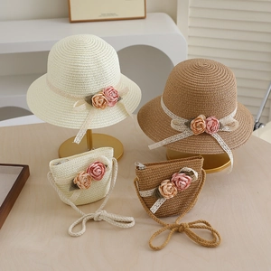 Kids straw hat and matching lace floral bag set in cream and tan for summer