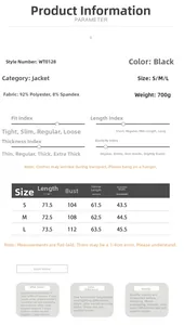 Detailed size chart for lace patchwork blazer showing measurements in S M and L sizes