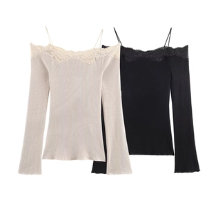 Women Off Shoulder Long Sleeve T-Shirt Ribbed Knit Lace Trim Spaghetti Strap Casual Slim Top