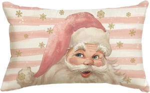 Linen Christmas pillowcase with vintage Santa Claus and snowflakes on striped background