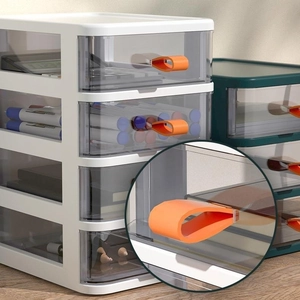 Transparent desktop storage organizer with multi-layer drawers and orange handles
