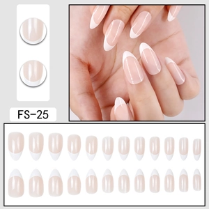 Almond-shaped French press-on nails in nude and white finish, 24-piece full set FS-25