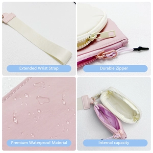 Waterproof nylon wristlet wallet with dual pockets and pink cream contrast design