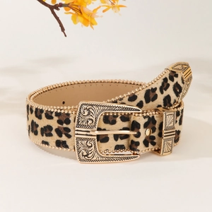 Leopard print leather belt with western carved gold hardware and beaded trim for women