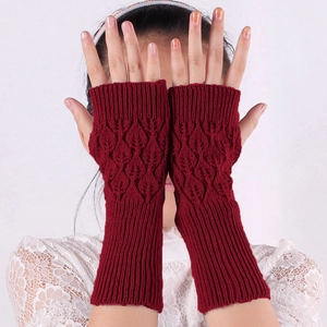 Women long fingerless knit gloves with hollow leaf pattern in deep wine red color