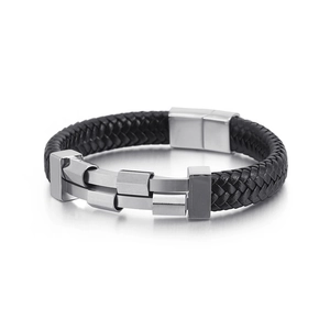 Punk rock men's black braided leather bracelet with multi-layer geometric metal buckle